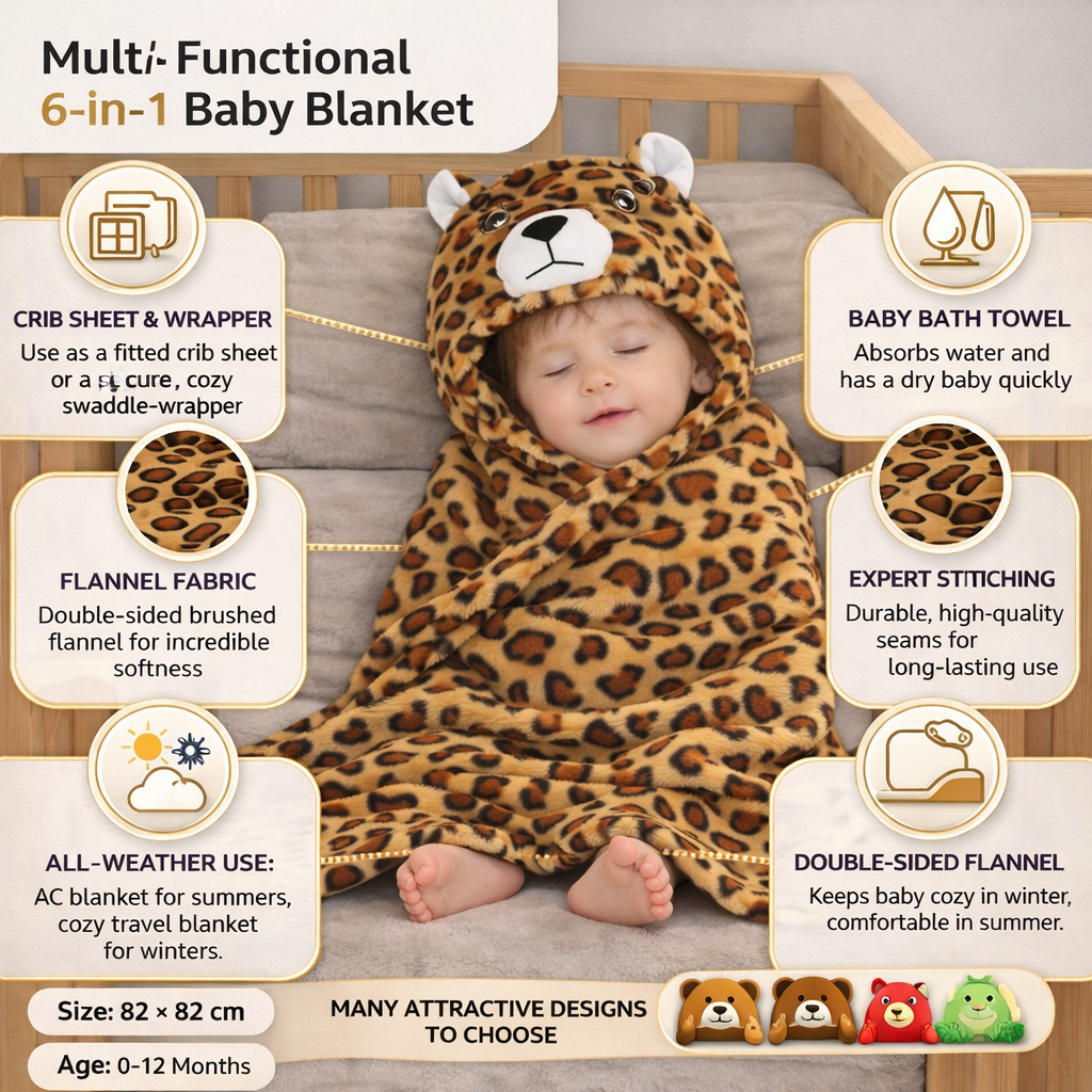BRANDONN Newborn Hooded Baby Swaddle Blanket – Crib Wrapper (82 x 82 cm, 0–12 Months, 1 Pc)