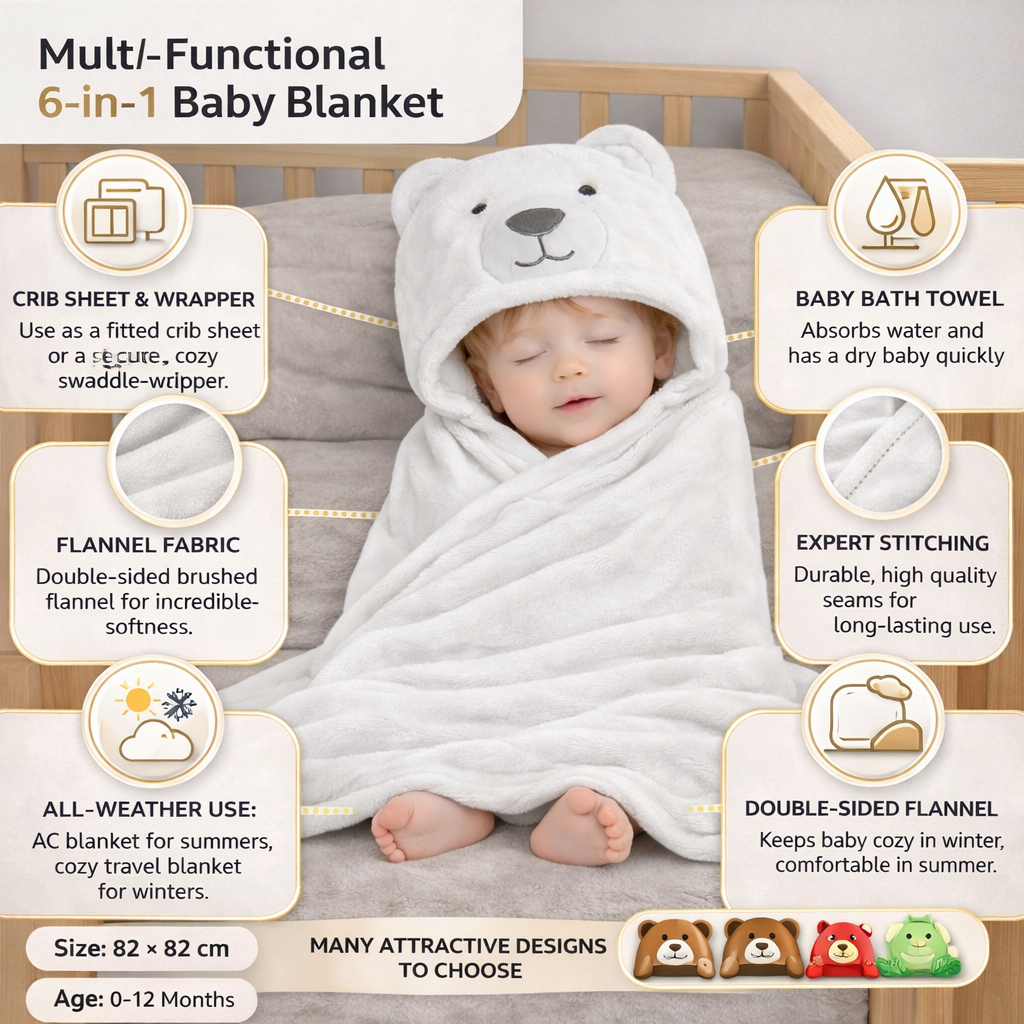 BRANDONN Newborn Hooded Baby Swaddle Blanket – Crib Wrapper (82 x 82 cm, 0–12 Months, 1 Pc)