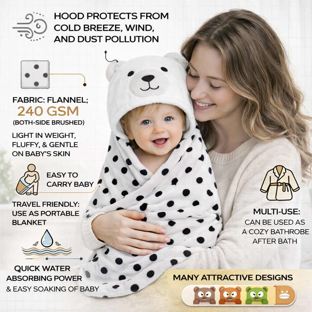 BRANDONN Newborn Polka Dot Ultra-Soft Hooded Baby Bath Towel & Bath Gown