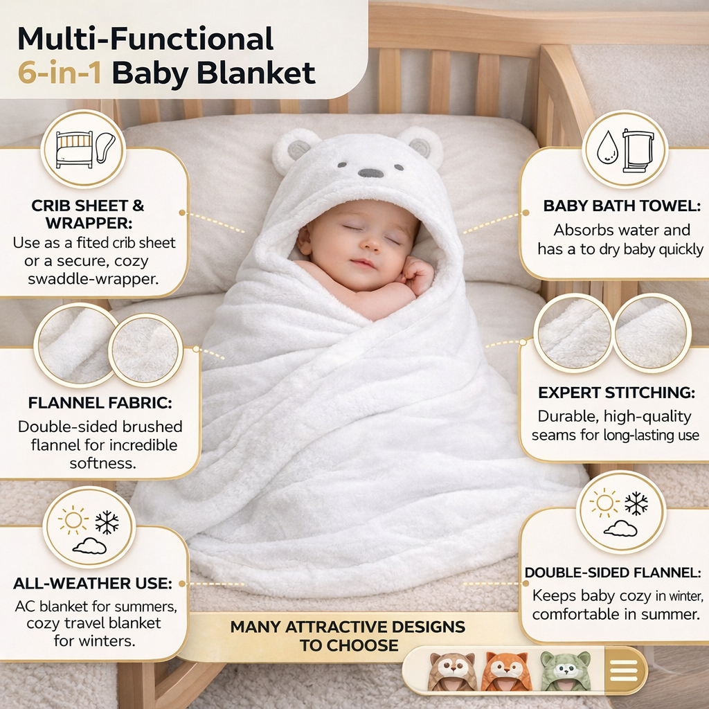 BRANDONN Newborn Hooded Baby Swaddle Blanket – Crib Wrapper (82 x 82 cm, 0–12 Months, 1 Pc)