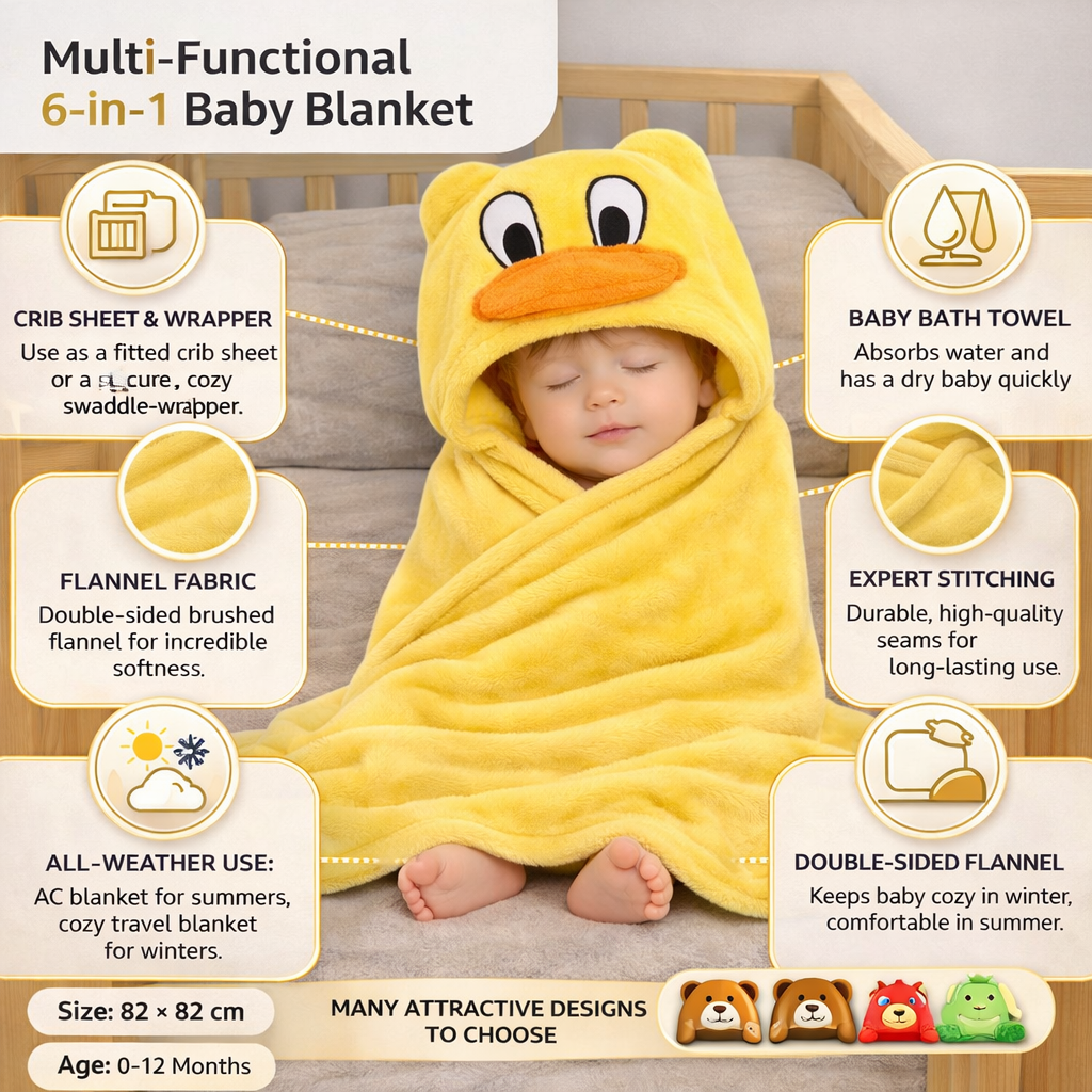 BRANDONN Newborn Hooded Baby Swaddle Blanket – Crib Wrapper (82 x 82 cm, 0–12 Months, 1 Pc)