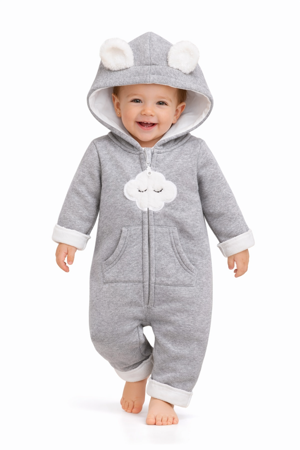 BRANDONN Baby Winter Cotton Fleece Romper with Hood – 320 GSM Newborn Jumpsuit, Soft Hooded Onesie with Zipper, Cloud Embroided for Boys & Girls