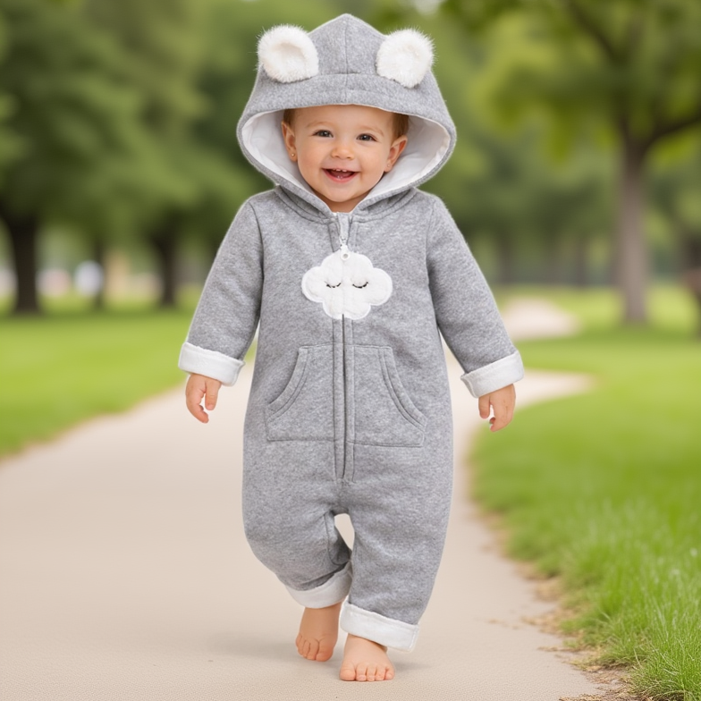 BRANDONN Baby Winter Fleece Hooded Romper – 320 GSM Cotton Newborn Onesie with Zipper, Cloud Embroidery