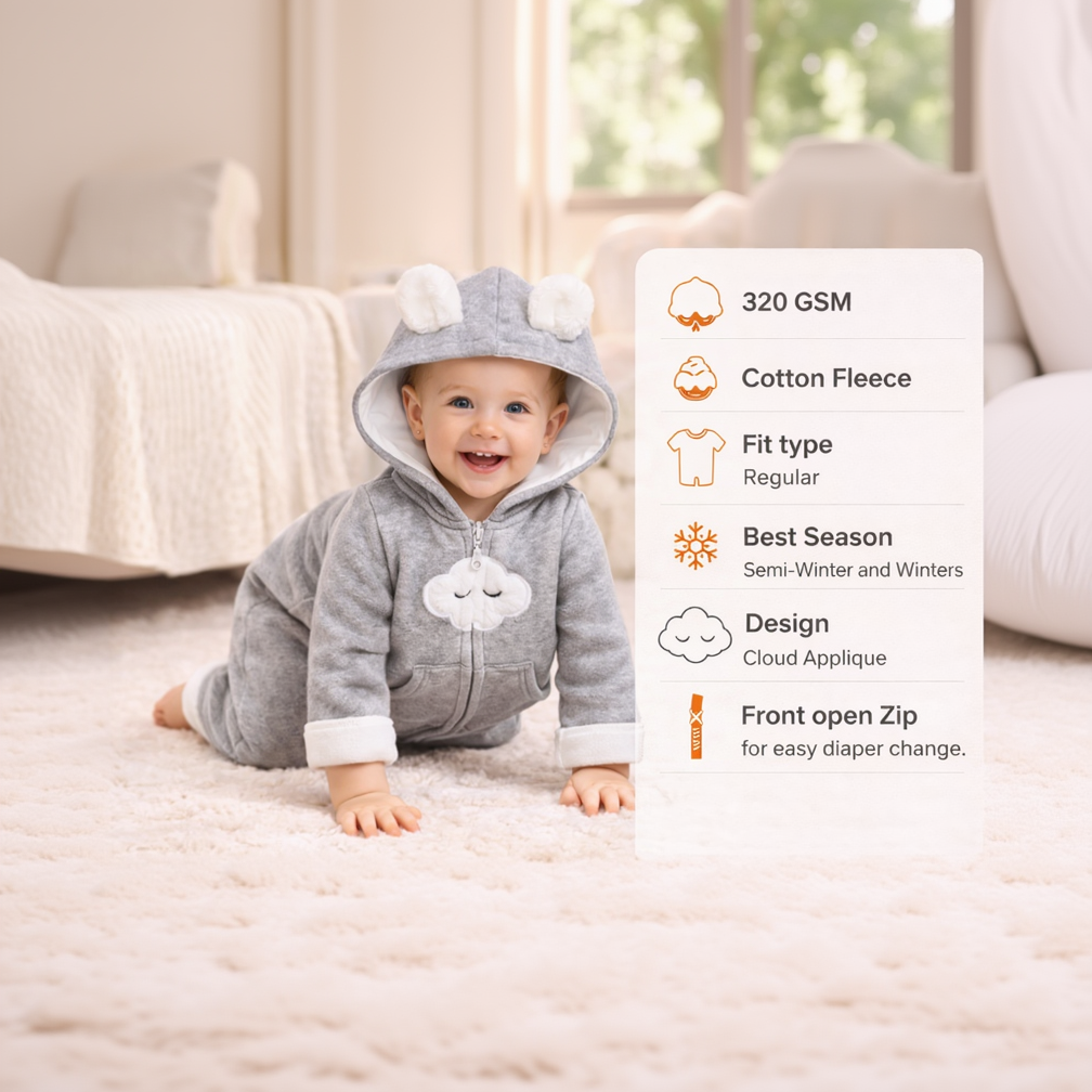 BRANDONN Baby Winter Fleece Hooded Romper – 320 GSM Cotton Newborn Onesie with Zipper, Cloud Embroidery
