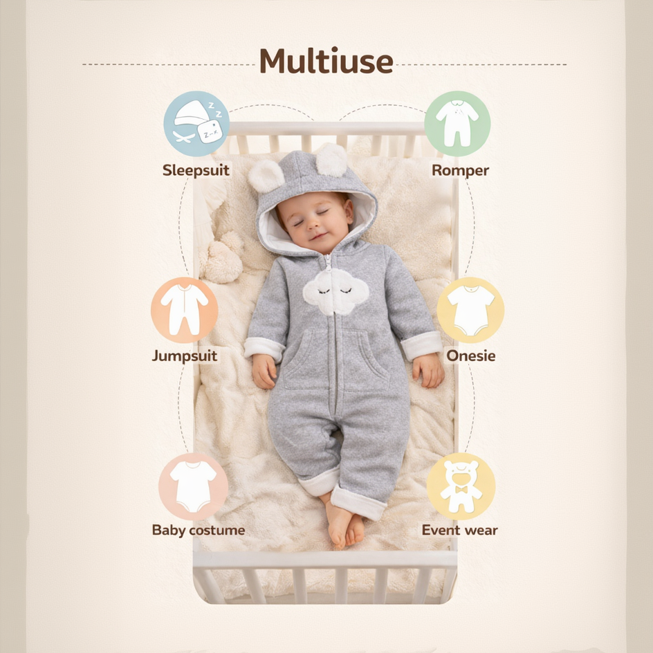 BRANDONN Baby Winter Fleece Hooded Romper – 320 GSM Cotton Newborn Onesie with Zipper, Cloud Embroidery