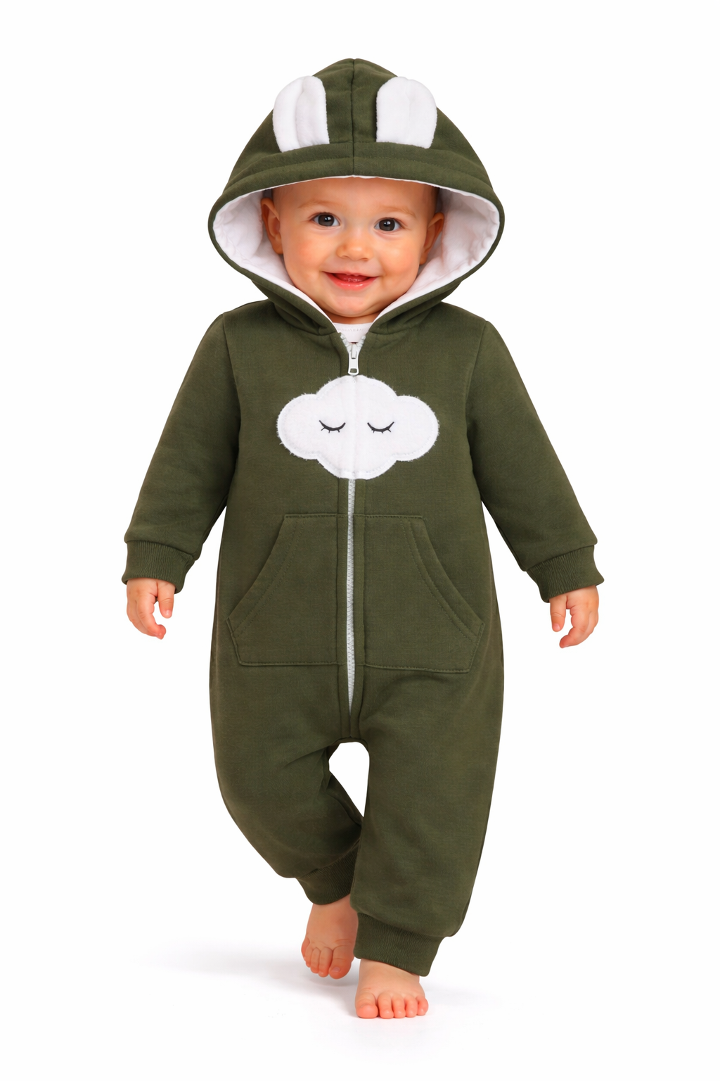 BRANDONN Baby Winter Cotton Fleece Romper with Hood – 320 GSM Newborn Jumpsuit, Soft Hooded Onesie with Zipper, Cloud Embroided for Boys & Girls