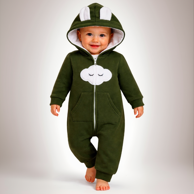 BRANDONN Baby Winter Fleece Hooded Romper – 320 GSM Cotton Newborn Onesie with Zipper, Cloud Embroidery