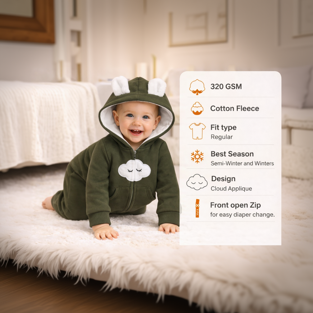 BRANDONN Baby Winter Fleece Hooded Romper – 320 GSM Cotton Newborn Onesie with Zipper, Cloud Embroidery