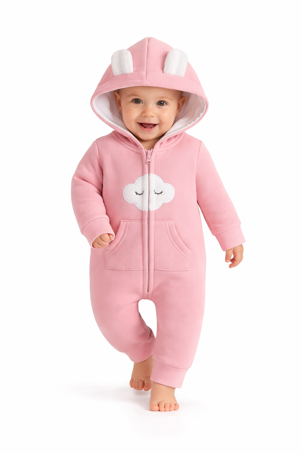 BRANDONN Baby Winter Cotton Fleece Romper with Hood – 320 GSM Newborn Jumpsuit, Soft Hooded Onesie with Zipper, Cloud Embroided for Boys & Girls