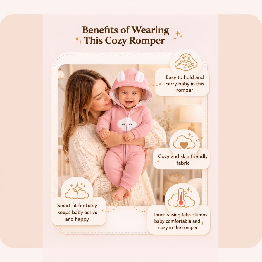 BRANDONN Baby Winter Fleece Hooded Romper – 320 GSM Cotton Newborn Onesie with Zipper, Cloud Embroidery