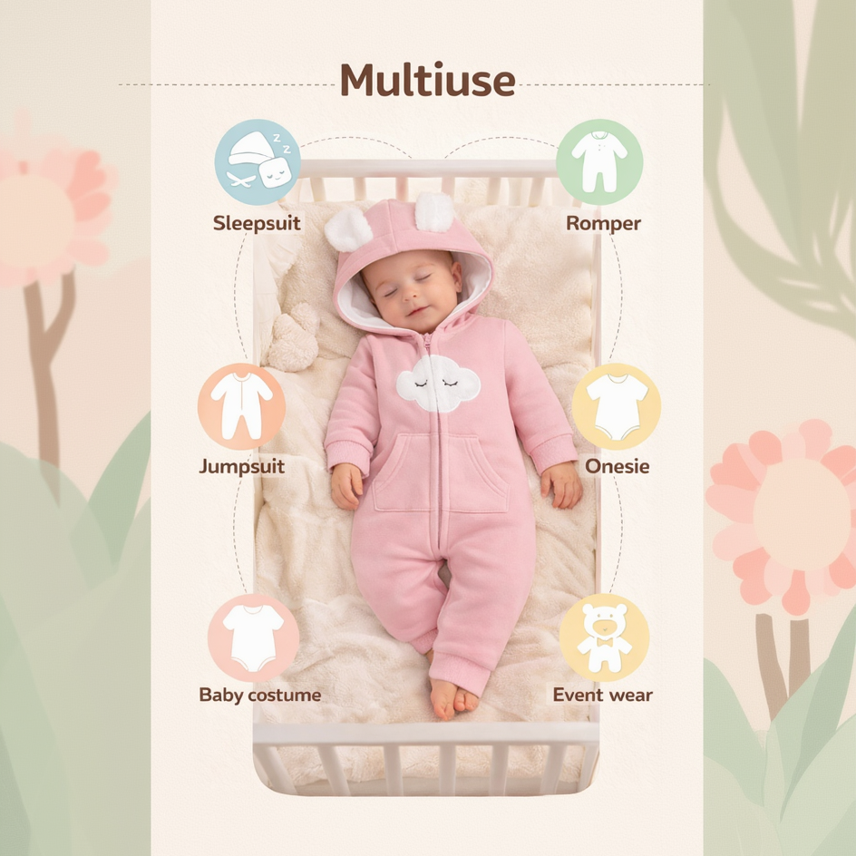 BRANDONN Baby Winter Fleece Hooded Romper – 320 GSM Cotton Newborn Onesie with Zipper, Cloud Embroidery
