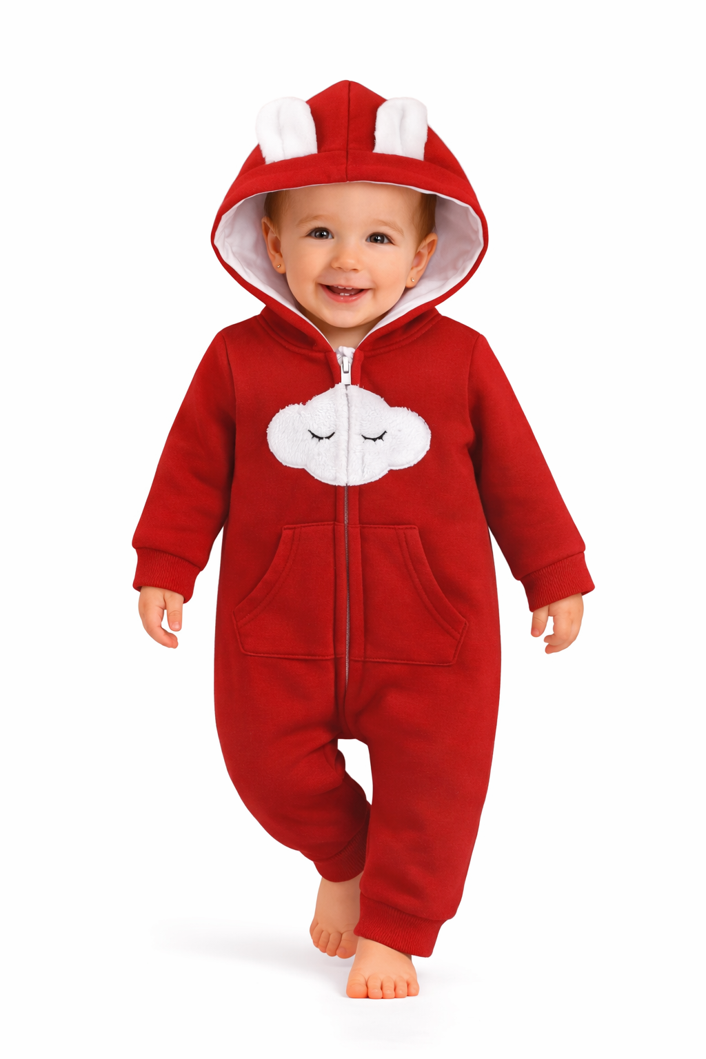BRANDONN Baby Winter Cotton Fleece Romper with Hood – 320 GSM Newborn Jumpsuit, Soft Hooded Onesie with Zipper, Cloud Embroided for Boys & Girls