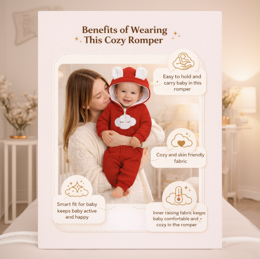 BRANDONN Baby Winter Fleece Hooded Romper – 320 GSM Cotton Newborn Onesie with Zipper, Cloud Embroidery