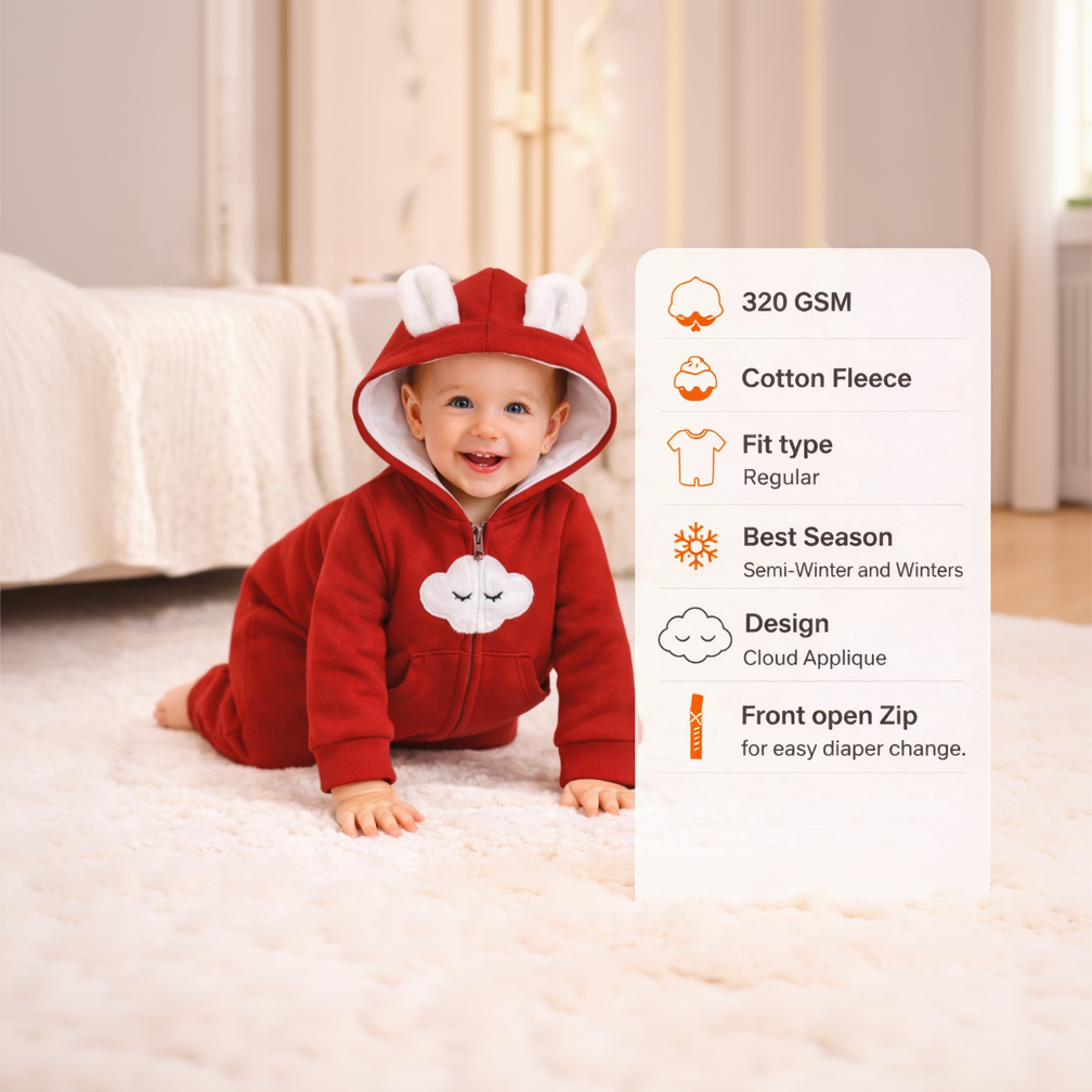BRANDONN Baby Winter Fleece Hooded Romper – 320 GSM Cotton Newborn Onesie with Zipper, Cloud Embroidery
