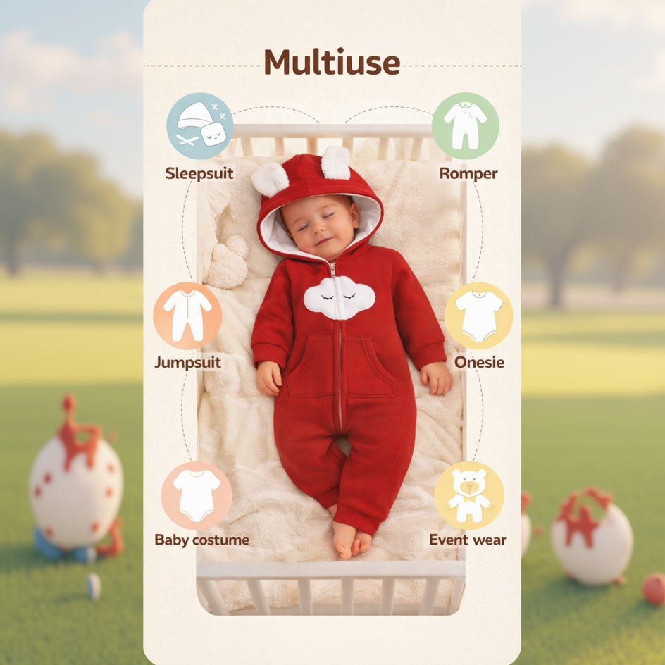 BRANDONN Baby Winter Fleece Hooded Romper – 320 GSM Cotton Newborn Onesie with Zipper, Cloud Embroidery