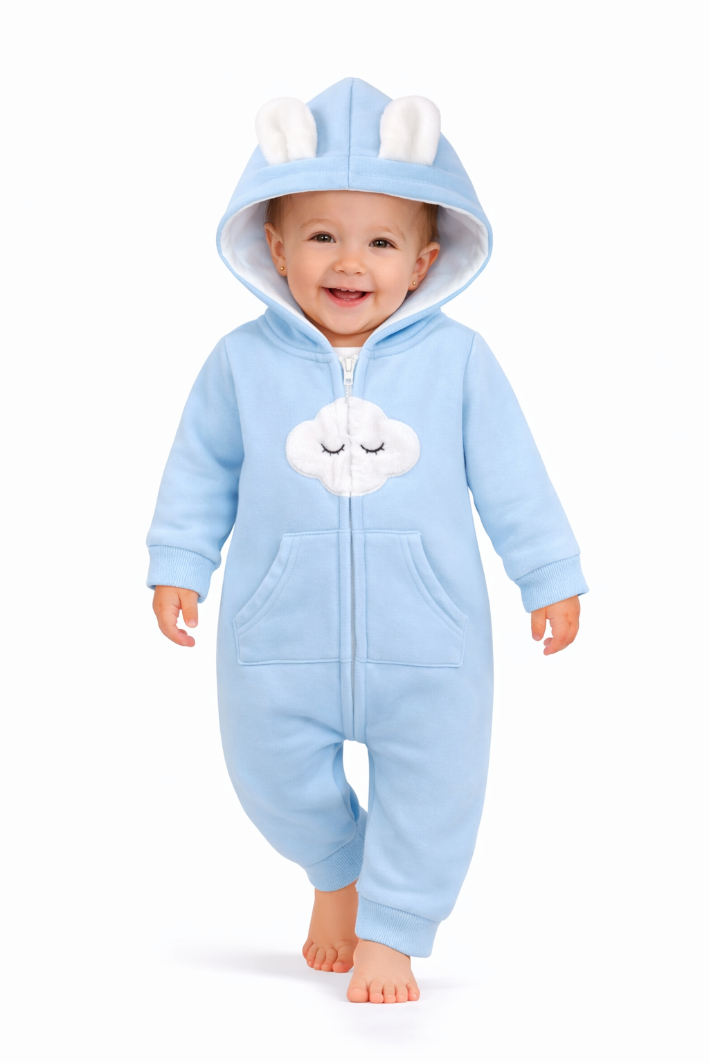 BRANDONN Baby Winter Cotton Fleece Romper with Hood – 320 GSM Newborn Jumpsuit, Soft Hooded Onesie with Zipper, Cloud Embroided for Boys & Girls