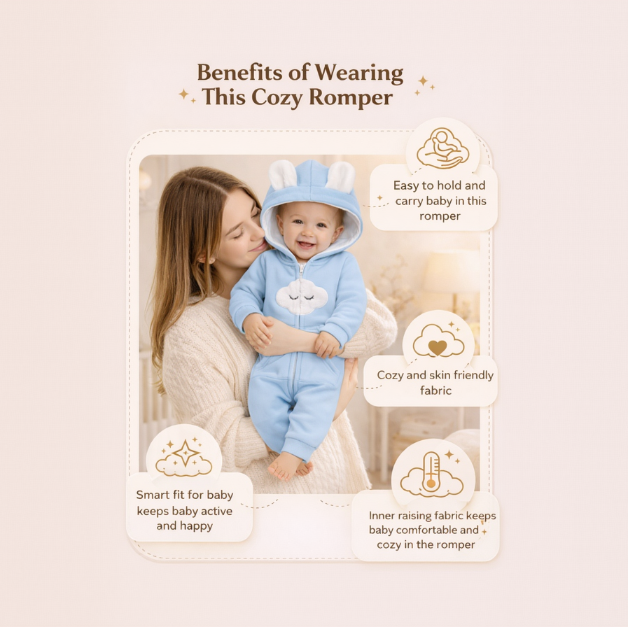 BRANDONN Baby Winter Fleece Hooded Romper – 320 GSM Cotton Newborn Onesie with Zipper, Cloud Embroidery