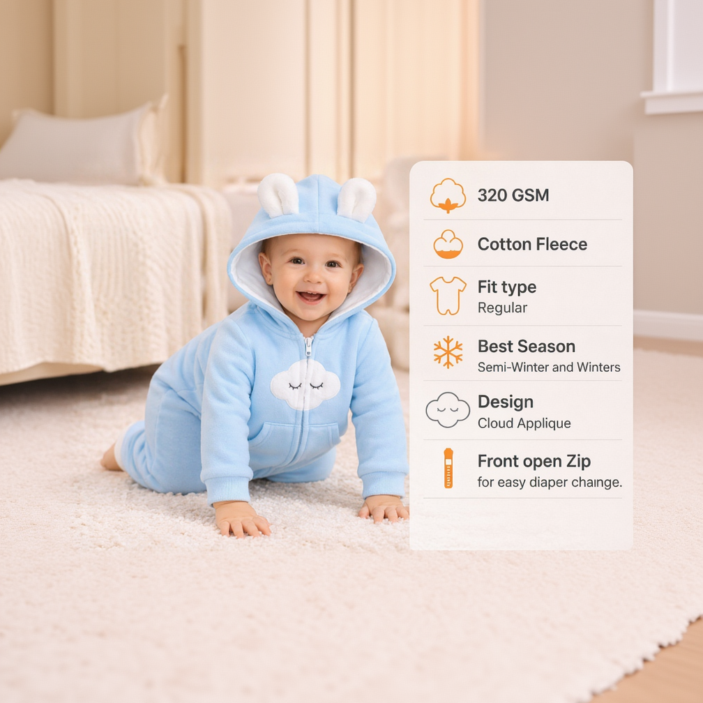 BRANDONN Baby Winter Fleece Hooded Romper – 320 GSM Cotton Newborn Onesie with Zipper, Cloud Embroidery