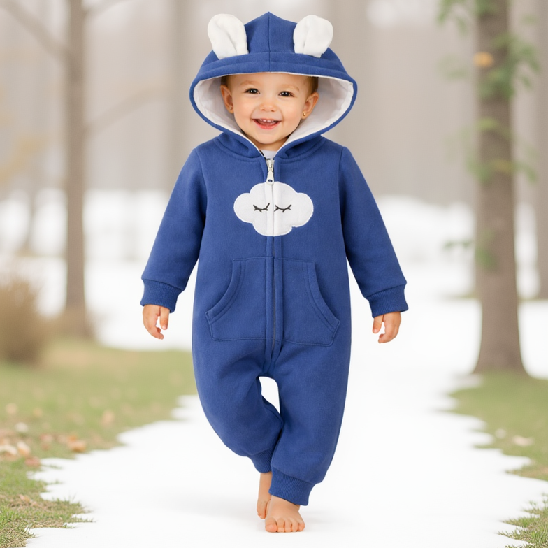 BRANDONN Baby Winter Fleece Hooded Romper – 320 GSM Cotton Newborn Onesie with Zipper, Cloud Embroidery