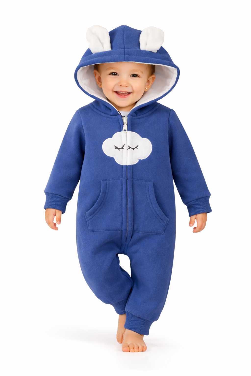 BRANDONN Baby Winter Cotton Fleece Romper with Hood – 320 GSM Newborn Jumpsuit, Soft Hooded Onesie with Zipper, Cloud Embroided for Boys & Girls
