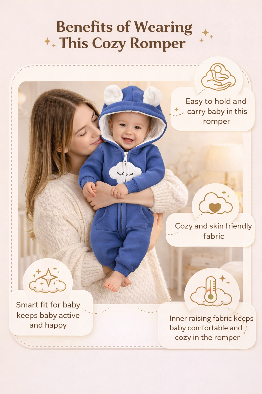 BRANDONN Baby Winter Cotton Fleece Romper with Hood – 320 GSM Newborn Jumpsuit, Soft Hooded Onesie with Zipper, Cloud Embroided for Boys & Girls