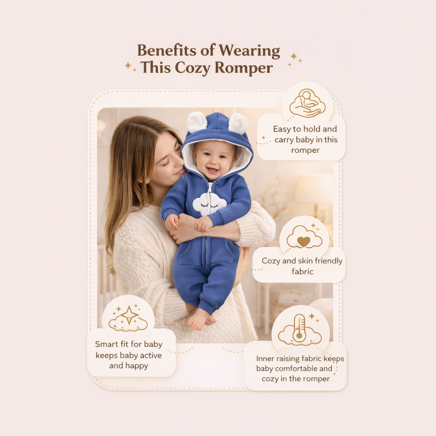BRANDONN Baby Winter Fleece Hooded Romper – 320 GSM Cotton Newborn Onesie with Zipper, Cloud Embroidery