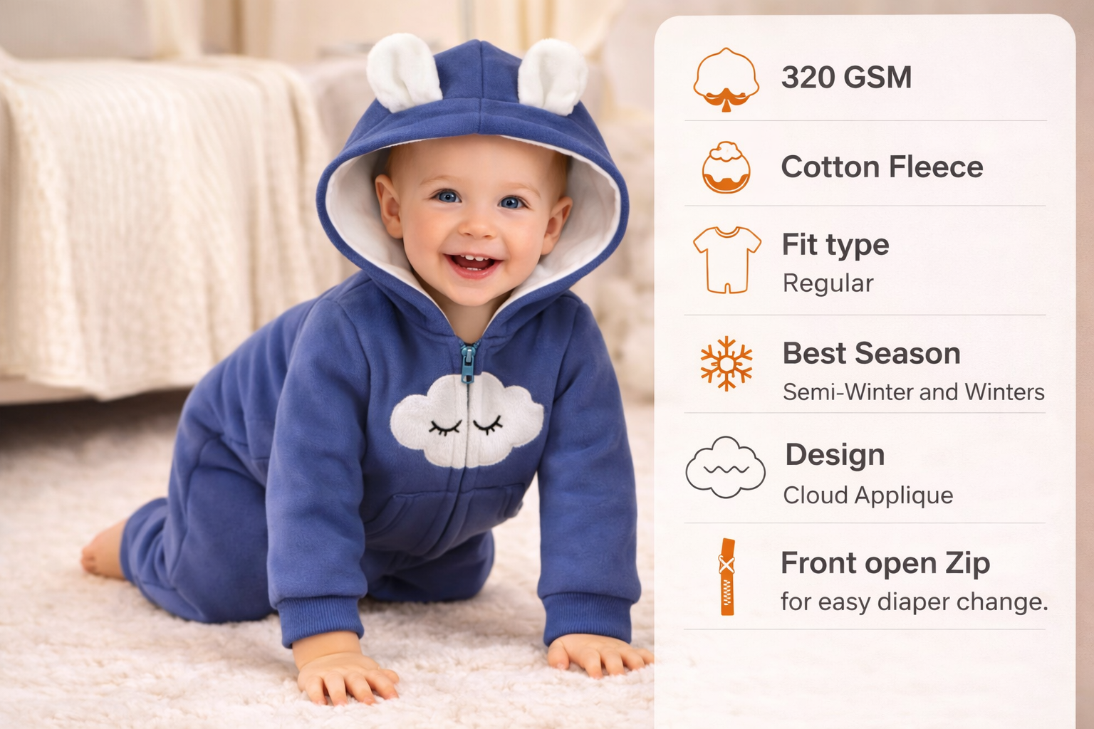 BRANDONN Baby Winter Cotton Fleece Romper with Hood – 320 GSM Newborn Jumpsuit, Soft Hooded Onesie with Zipper, Cloud Embroided for Boys & Girls