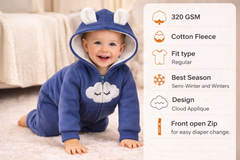 BRANDONN Baby Winter Cotton Fleece Romper with Hood – 320 GSM Newborn Jumpsuit, Soft Hooded Onesie with Zipper, Cloud Embroided for Boys & Girls
