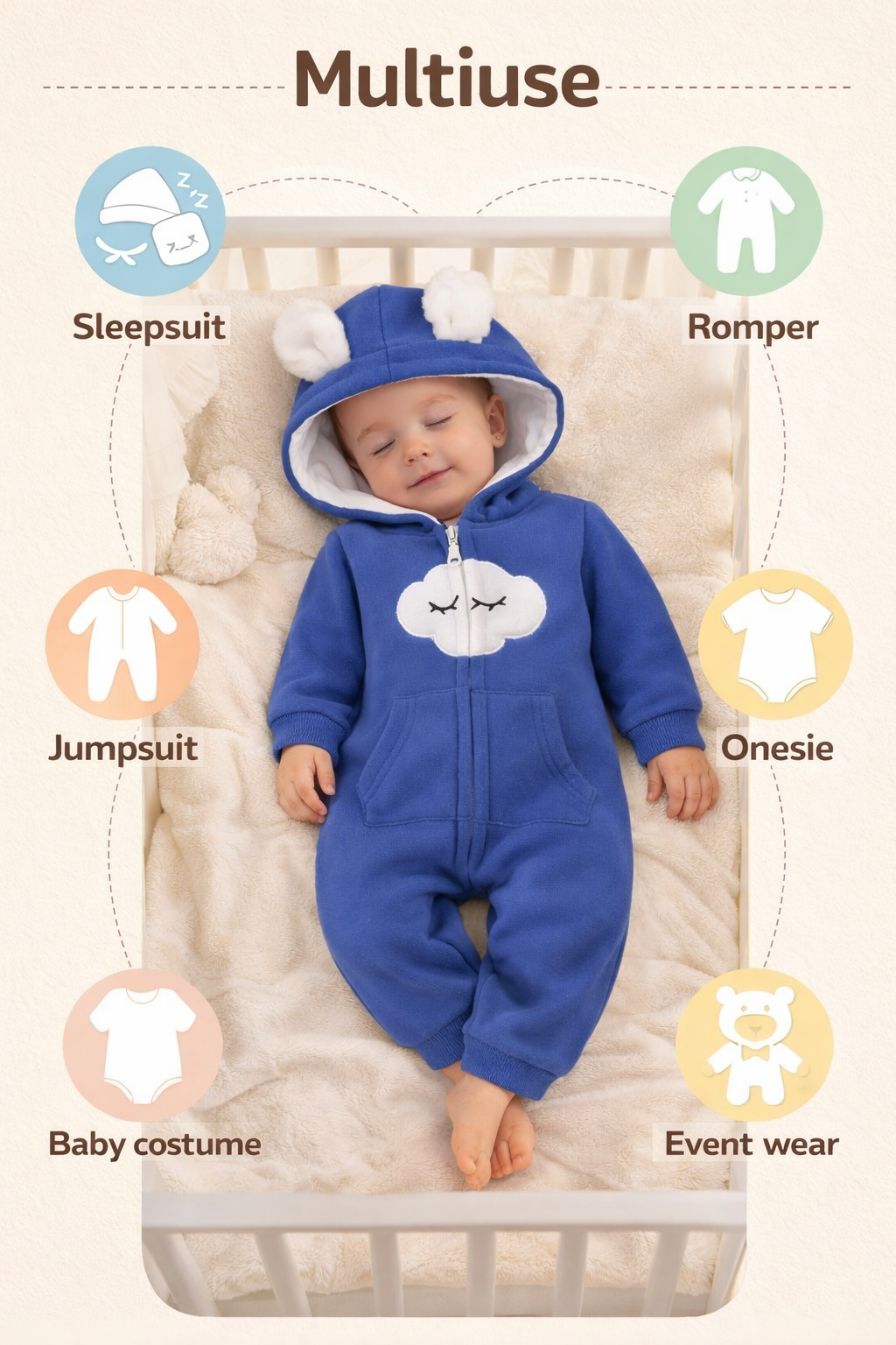 BRANDONN Baby Winter Cotton Fleece Romper with Hood – 320 GSM Newborn Jumpsuit, Soft Hooded Onesie with Zipper, Cloud Embroided for Boys & Girls