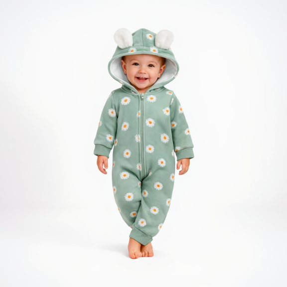 BRANDONN Baby Winter Fleece Hooded Romper – 320 GSM Heart Print Zipper Onesie