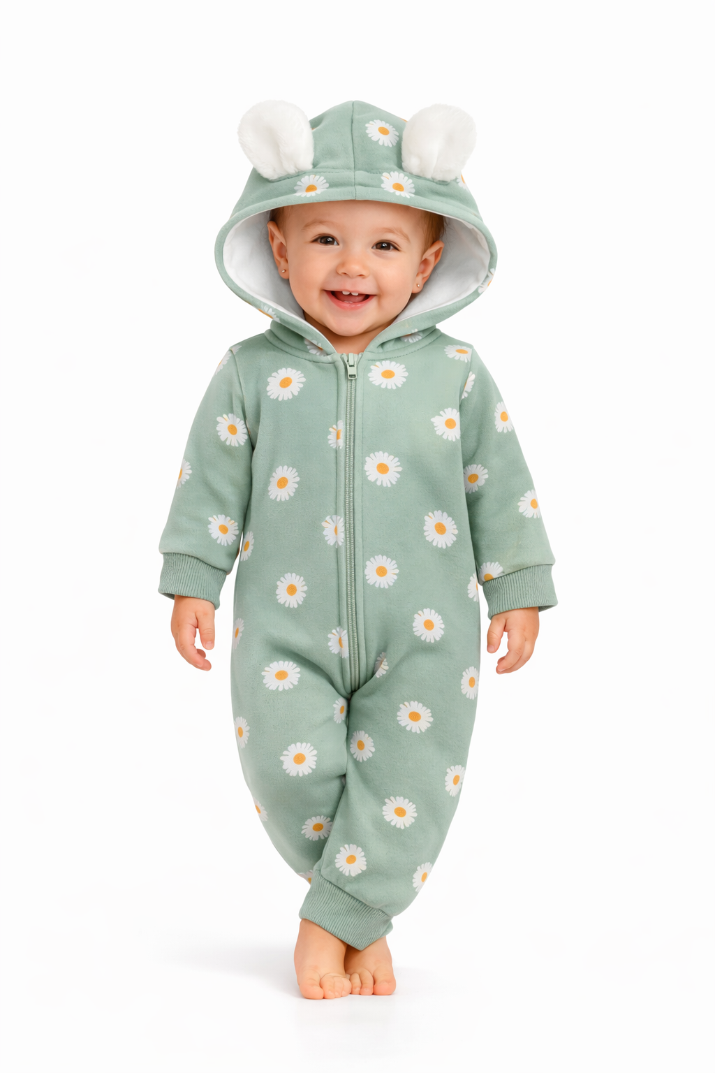 BRANDONN Baby Winter Cotton Fleece Romper with Hood – 320 GSM Newborn Jumpsuit, Soft Hooded Onesie with Zipper, Flower Printed for Boys & Girls