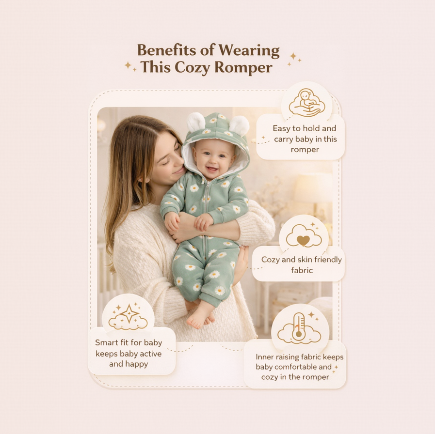 BRANDONN Baby Winter Fleece Hooded Romper – 320 GSM Heart Print Zipper Onesie