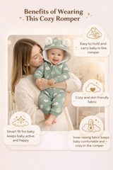 BRANDONN Baby Winter Cotton Fleece Romper with Hood – 320 GSM Newborn Jumpsuit, Soft Hooded Onesie with Zipper, Flower Printed for Boys & Girls