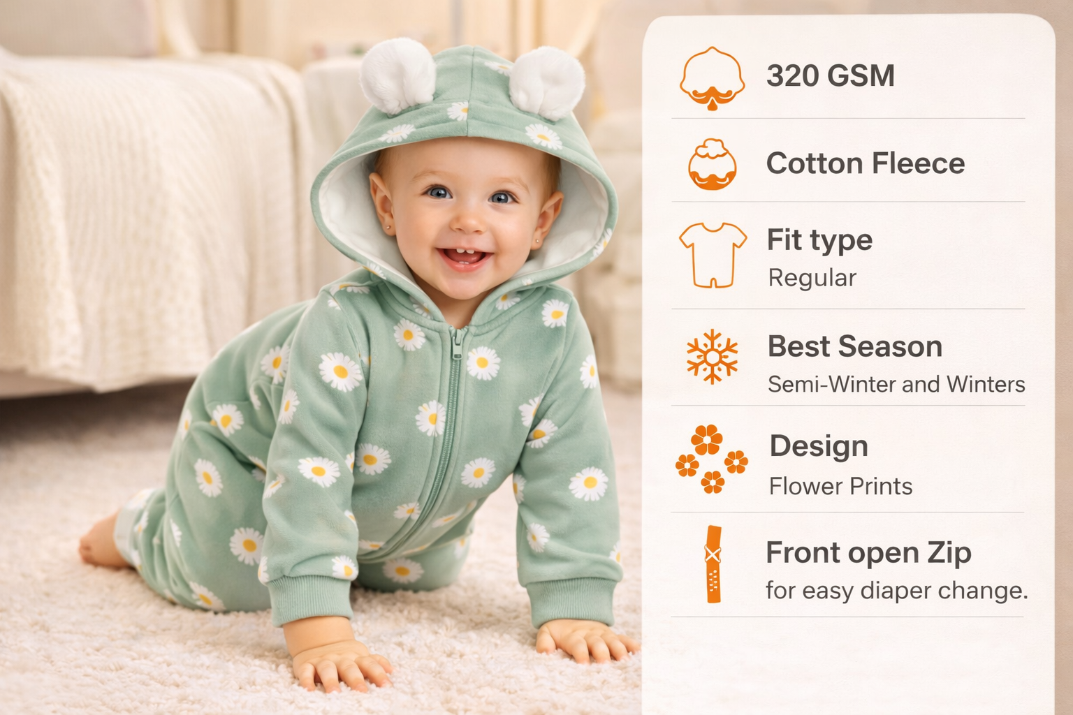 BRANDONN Baby Winter Cotton Fleece Romper with Hood – 320 GSM Newborn Jumpsuit, Soft Hooded Onesie with Zipper, Flower Printed for Boys & Girls