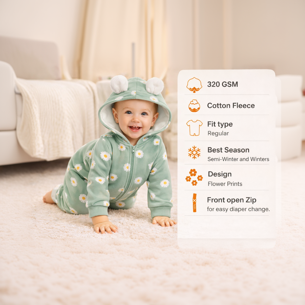 BRANDONN Baby Winter Fleece Hooded Romper – 320 GSM Heart Print Zipper Onesie