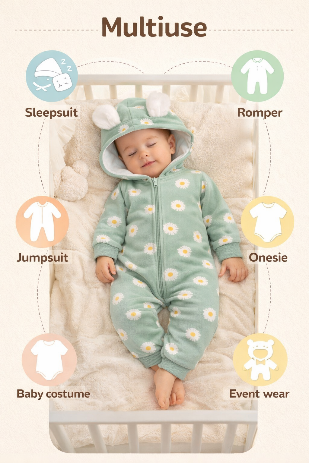 BRANDONN Baby Winter Cotton Fleece Romper with Hood – 320 GSM Newborn Jumpsuit, Soft Hooded Onesie with Zipper, Flower Printed for Boys & Girls