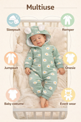 BRANDONN Baby Winter Cotton Fleece Romper with Hood – 320 GSM Newborn Jumpsuit, Soft Hooded Onesie with Zipper, Flower Printed for Boys & Girls