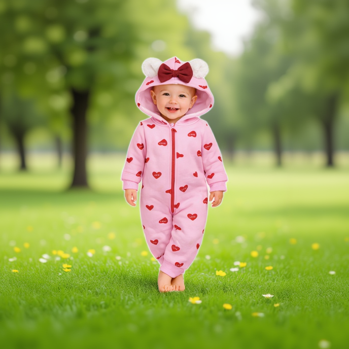 BRANDONN Baby Winter Fleece Hooded Romper – 320 GSM Heart Print Zipper Onesie
