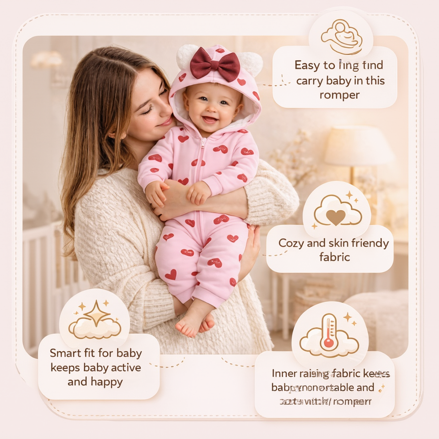 BRANDONN Baby Winter Fleece Hooded Romper – 320 GSM Heart Print Zipper Onesie