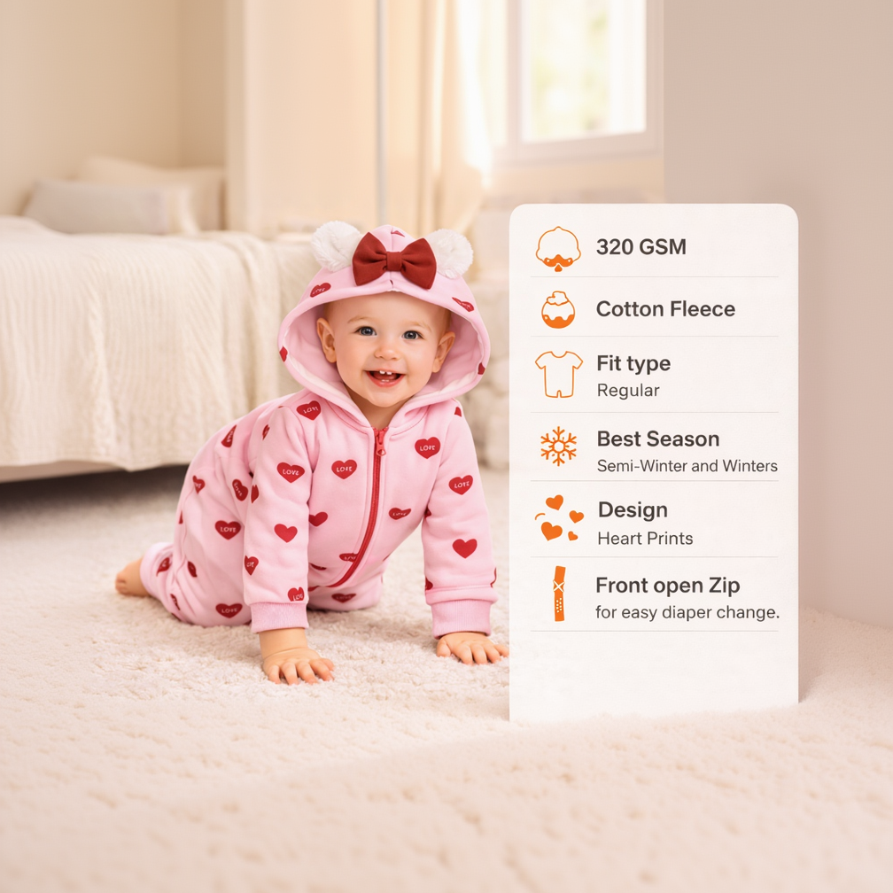 BRANDONN Baby Winter Fleece Hooded Romper – 320 GSM Heart Print Zipper Onesie