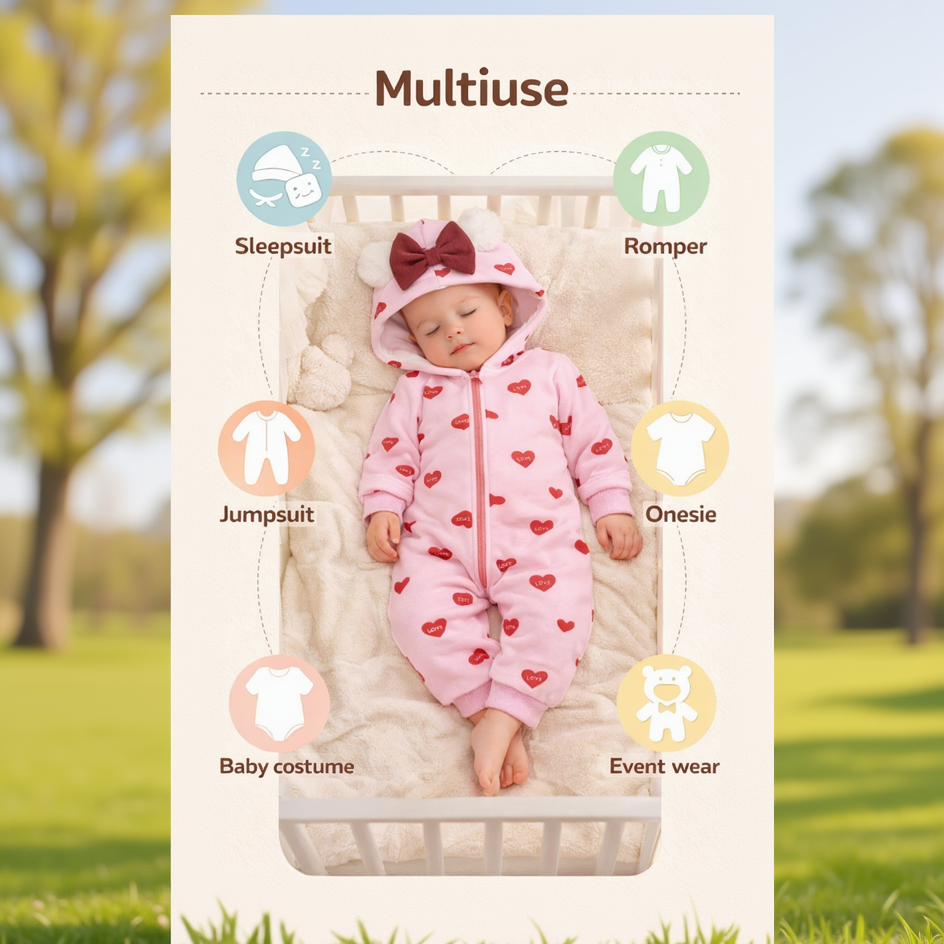 BRANDONN Baby Winter Fleece Hooded Romper – 320 GSM Heart Print Zipper Onesie
