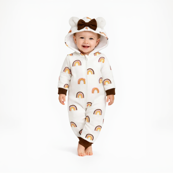 BRANDONN Baby Winter Fleece Hooded Romper – 320 GSM Heart Print Zipper Onesie
