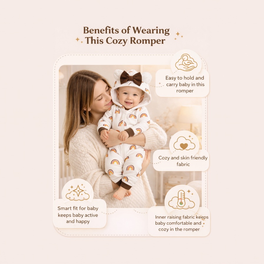 BRANDONN Baby Winter Fleece Hooded Romper – 320 GSM Heart Print Zipper Onesie