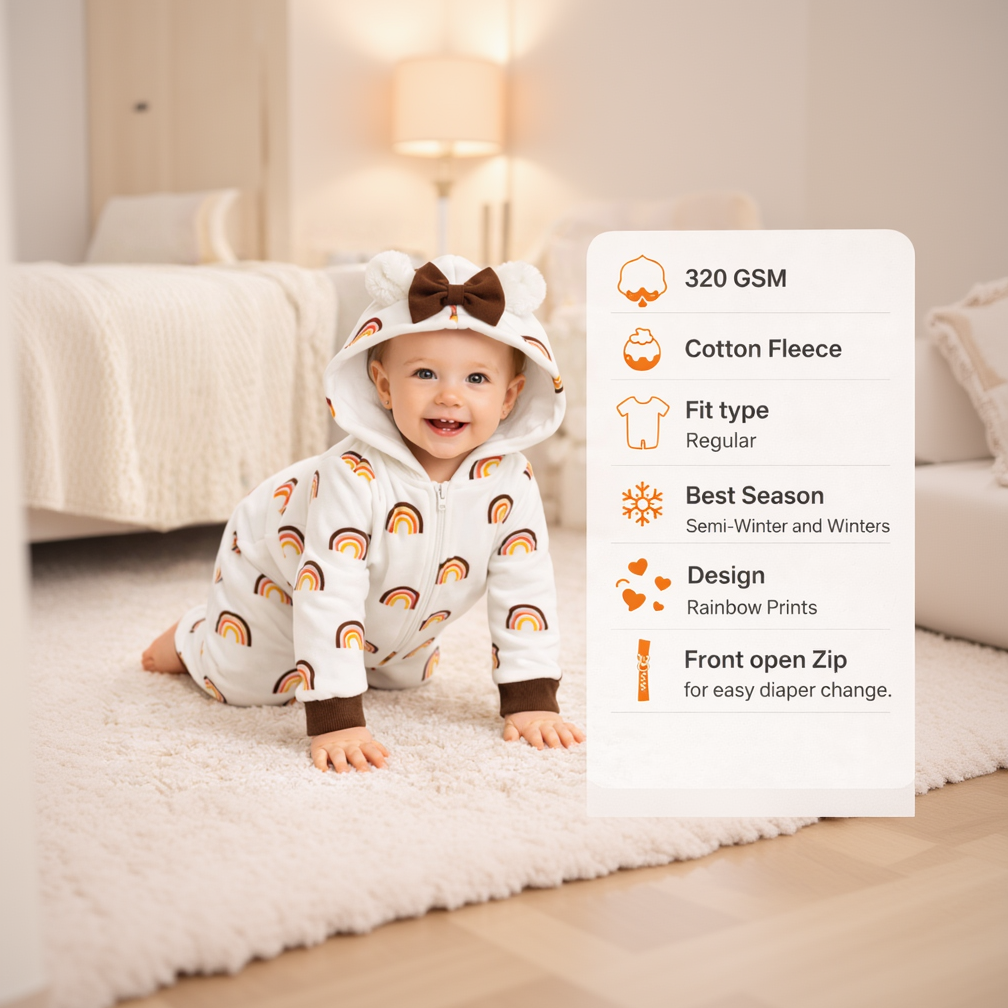 BRANDONN Baby Winter Fleece Hooded Romper – 320 GSM Heart Print Zipper Onesie