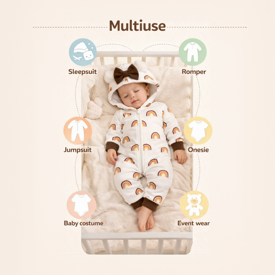 BRANDONN Baby Winter Fleece Hooded Romper – 320 GSM Heart Print Zipper Onesie