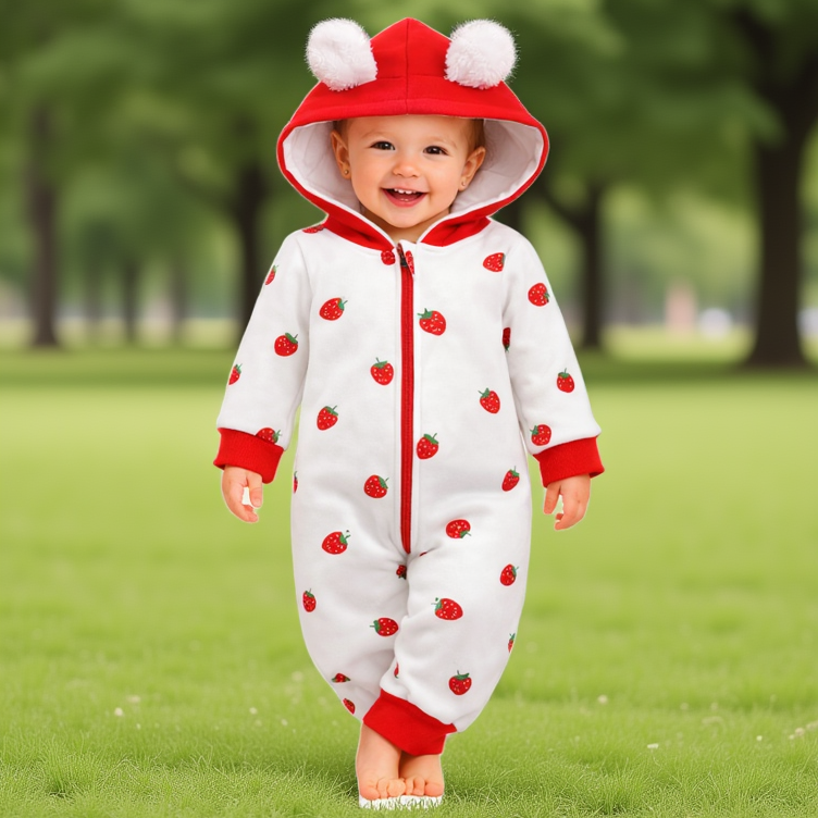 BRANDONN Baby Winter Fleece Hooded Romper – 320 GSM Heart Print Zipper Onesie