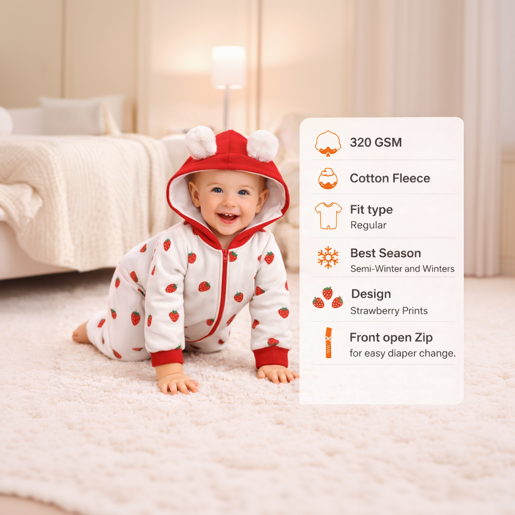 BRANDONN Baby Winter Fleece Hooded Romper – 320 GSM Heart Print Zipper Onesie