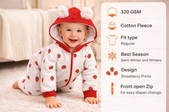 BRANDONN Baby Winter Fleece Romper – 320 GSM Hooded Zipper Onesie for Boys & Girls
