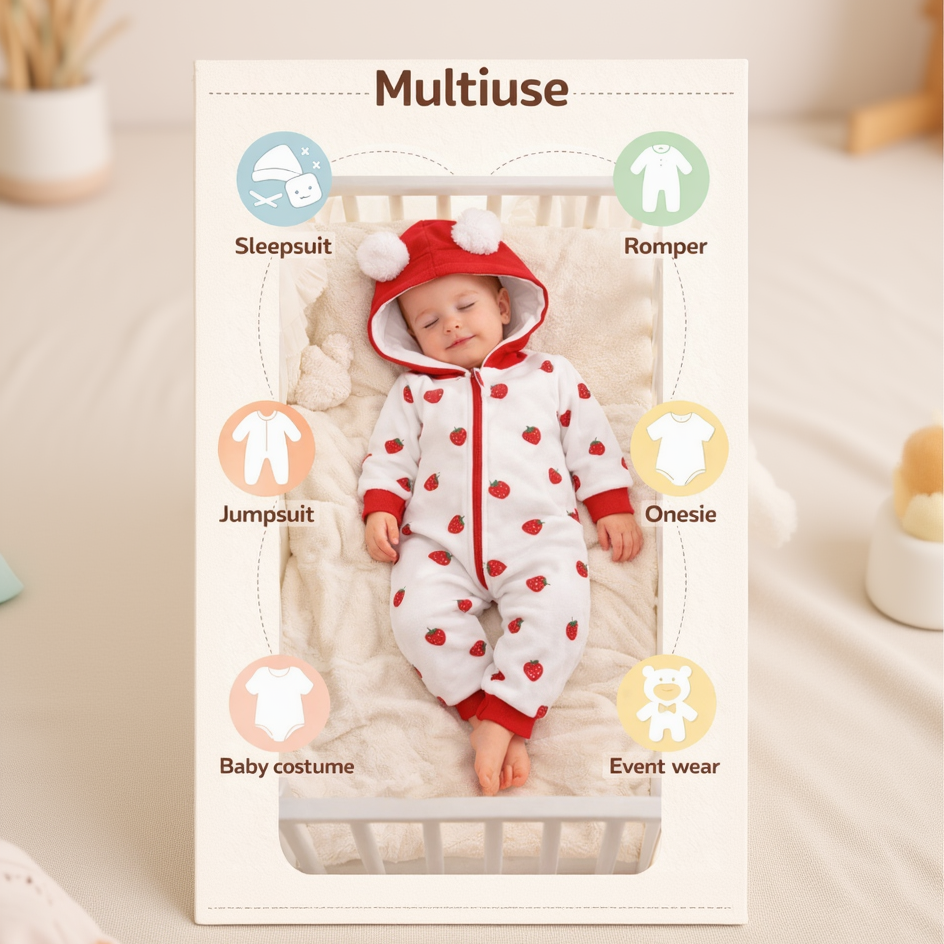 BRANDONN Baby Winter Fleece Hooded Romper – 320 GSM Heart Print Zipper Onesie