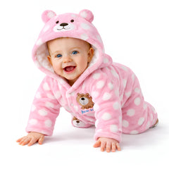 BRANDONN Baby Fleece Hooded Romper – Winter Newborn Onesie with Snap Buttons, Polka Print